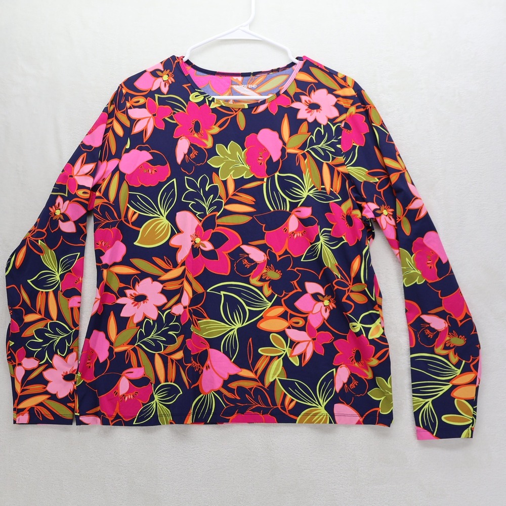 Lands End Womens XL 18 Rash Guard Swim Shirt Floral Long Sleeve Navy Pink 492456